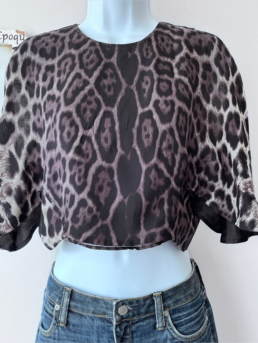 Y2K Yves Saint Laurent Leopard Print Silk Kimono Sleeve Open Back Crop Top Sz S - Picture 1 of 9